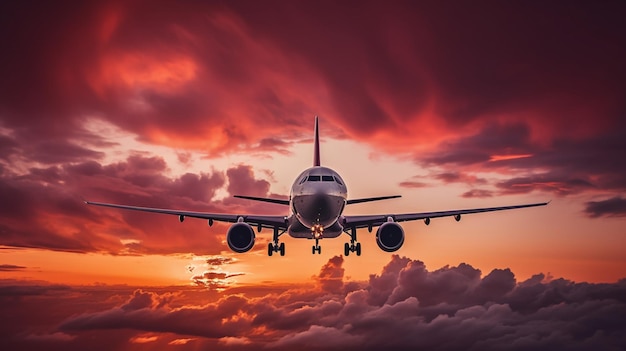 Un aereo sta volando nel cielo al tramonto.