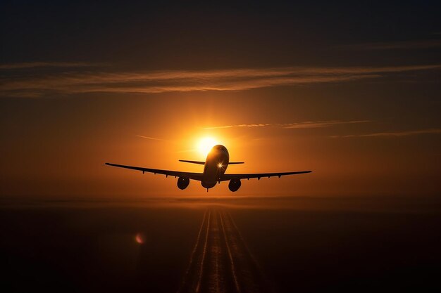 Un aereo sta volando nel cielo con il sole dietro di esso.