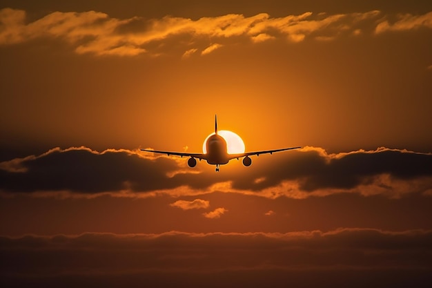 Un aereo sta volando nel cielo con il sole dietro di esso.