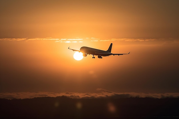 Un aereo sta volando nel cielo con il sole sullo sfondo.