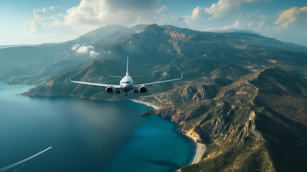 un aereo sta volando sopra una montagna con le montagne sullo sfondo