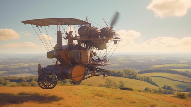 Un aereo steampunk che sorvola un campo con un cielo blu e nuvole sullo sfondo.