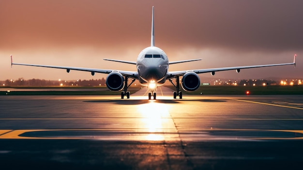 Un aereo su una pista con le luci accese