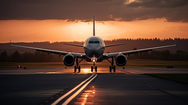 Un aereo sulla pista al tramonto