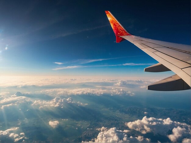 un aereo vola sopra l'oceano e il cielo è blu