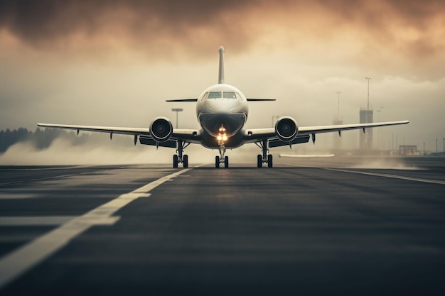 Un aeroplano bianco è sulla pista nella nebbia L'aereo sta atterrando Cieli impressionanti IA generativa