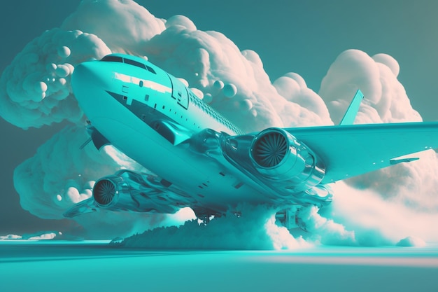 Un aeroplano blu e verde sta decollando tra le nuvole.