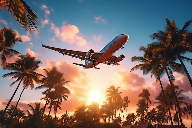 Un aeroplano che vola sopra le palme contro un vivido cielo al tramonto Generative Ai
