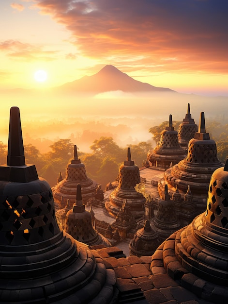 Un'affascinante alba sopra l'iconico tempio di Borobudur in Indonesia