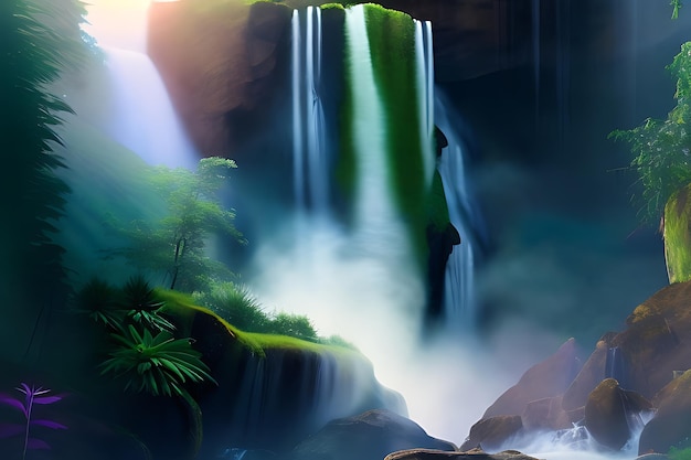 Un'affascinante cascata che scende in cascata da una scogliera rocciosa circondata da una lussureggiante vegetazione