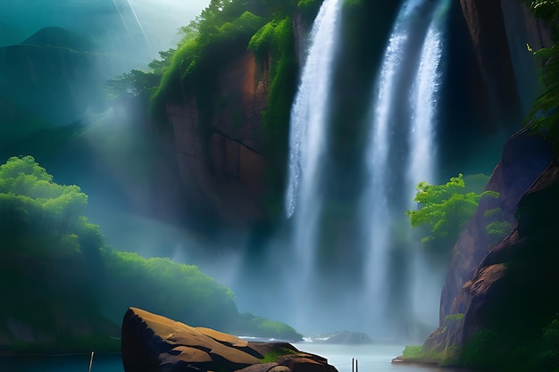 Un'affascinante cascata che scende in cascata da una scogliera rocciosa circondata da una lussureggiante vegetazione
