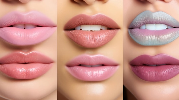 Un affascinante collage di labbra adornato da una serie di rossetti pastel abbraccia la dolcezza e il fascino