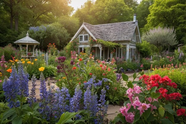 Un affascinante cottage in giardino con fiori vivaci