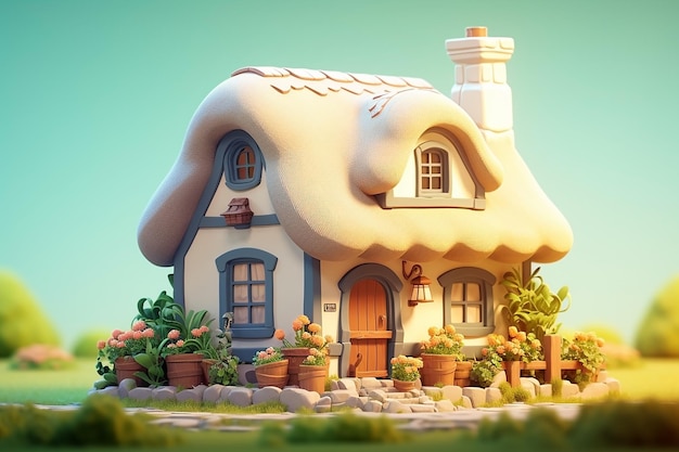 Un affascinante cottage irlandese con un tetto di paglia morbido pastello 3D icona argilla render