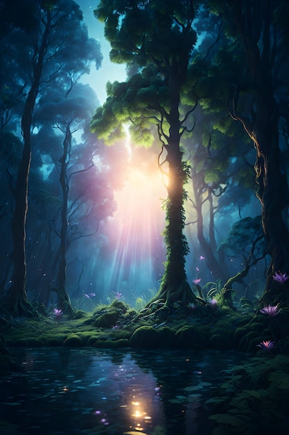 un affascinante dipinto digitale che cattura una foresta mistica bagnata dal chiaro di luna etereo