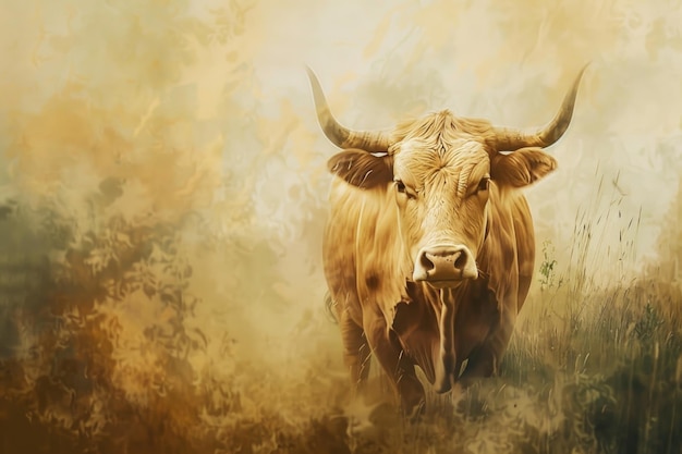 Un affascinante dipinto impressionista di un toro forte in piedi pacificamente in un campo lussureggiante bagnato