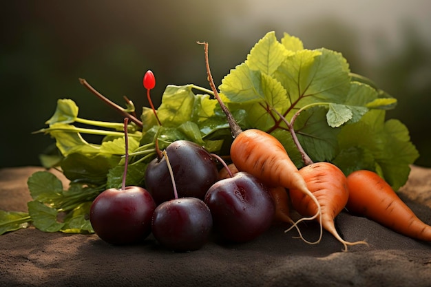 Un'affascinante disposizione di frutta e verdura fresca su uno sfondo rustico