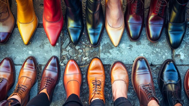 Un'affascinante esposizione di scarpe da lavoro da uomo perfettamente allineate in fila che mostrano eleganza e uniformità