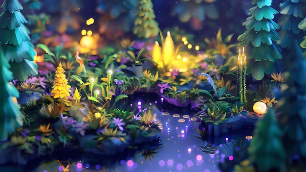 Un'affascinante foresta fantastica luminosa al crepuscolo
