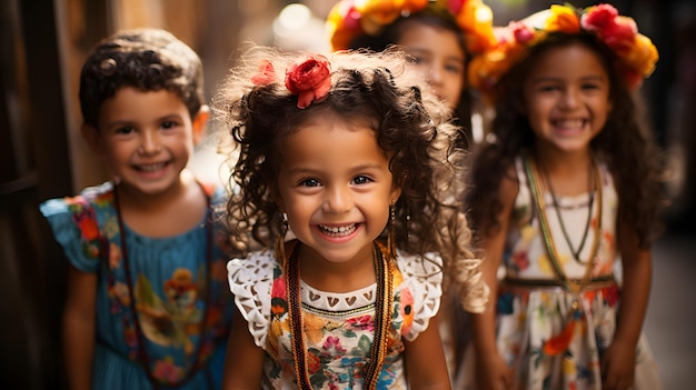 Un'affascinante fotografia di bambini vestiti con abiti tradizionali messicani