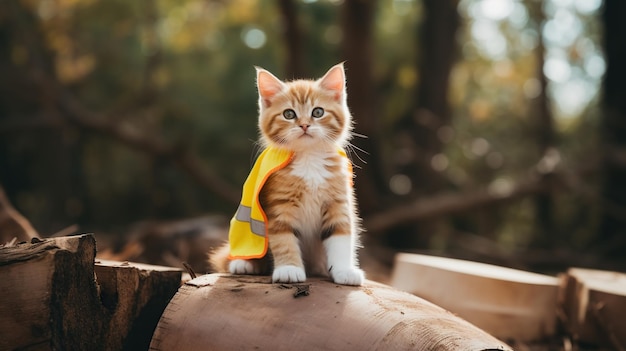 Un affascinante gattino adornato con un giubbotto di sicurezza giallo brillante si siede in cima a un tronco di legno che trasuda