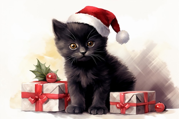 un affascinante gattino nero lanuginoso con un cappello da Babbo Natale si siede vicino all'illustrazione dell'acquerello di scatole regalo splendidamente confezionate