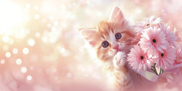 Un affascinante gattino rosso soffice tiene un bouquet di gerberasa rosa posto per il concetto di texta per la pubblicità di prodotti per animali domestici biglietti di auguri e design festivo