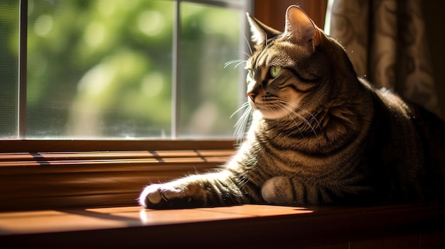 Un affascinante gatto tabby con occhi verdi affascinanti appoggiato su un davanzale della finestra che si croce sotto la calda luce del sole