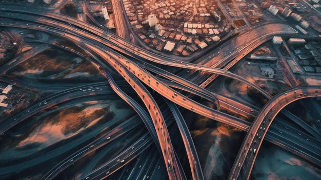 Un'affascinante immagine aerea di una vivace autostrada urbana che illustra la complessa interazione dei trasporti moderni