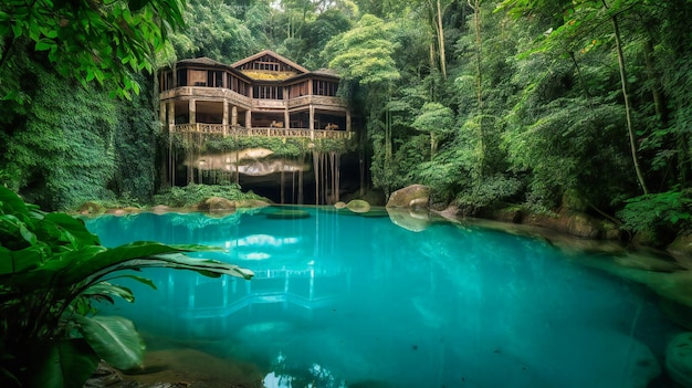 Un'affascinante immagine di una sontuosa villa perfettamente integrata in un lussureggiante paesaggio della giungla con una serena cascata sullo sfondo