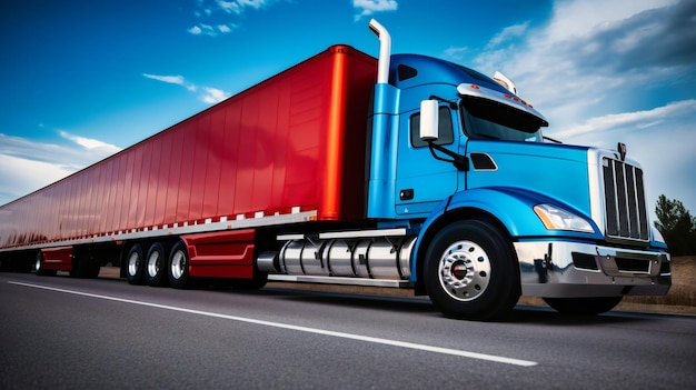 Un'affascinante immagine in primo piano di un camion portacontainer sull'autostrada che rivela la potenza e l'intensità del moderno trasporto merci