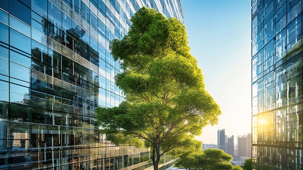 Un'affascinante inquadratura dal basso di moderni edifici in vetro e albero verde con sfondo cielo limpido