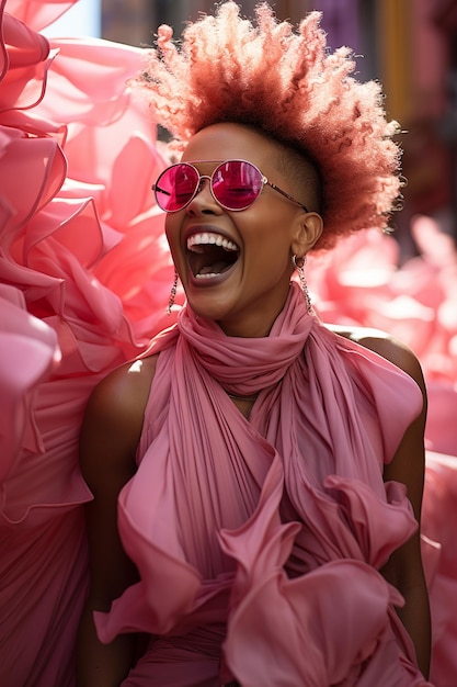 Un'affascinante modella africana in un vestito rosa vivace.