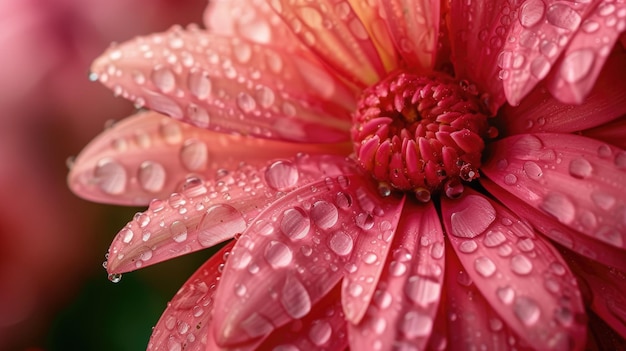 Un affascinante primo piano di un fiore rosa abbracciato dalla rugiada una bellezza naturale catturata in dettaglio