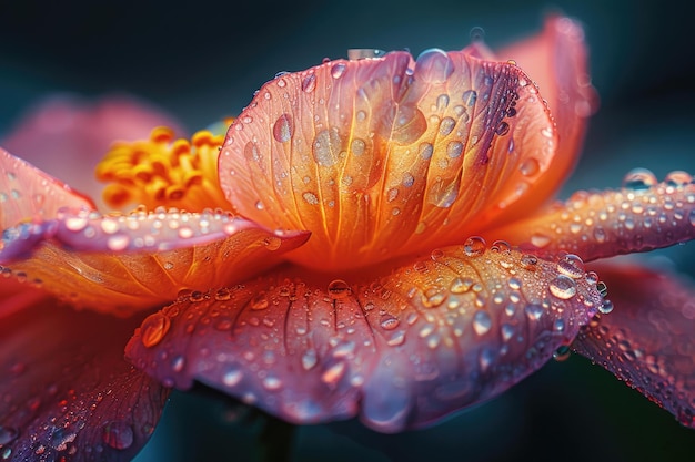 Un affascinante primo piano di una goccia di pioggia su un petalo di fiore
