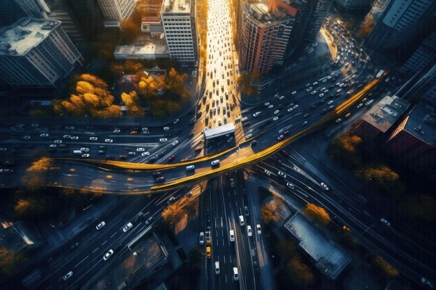 Un'affascinante prospettiva aerea L'affascinante vista delle auto che percorrono le strade