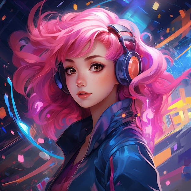 Un'affascinante ragazza anime dai capelli colorati immersa in un paesaggio futuristico. IA generativa