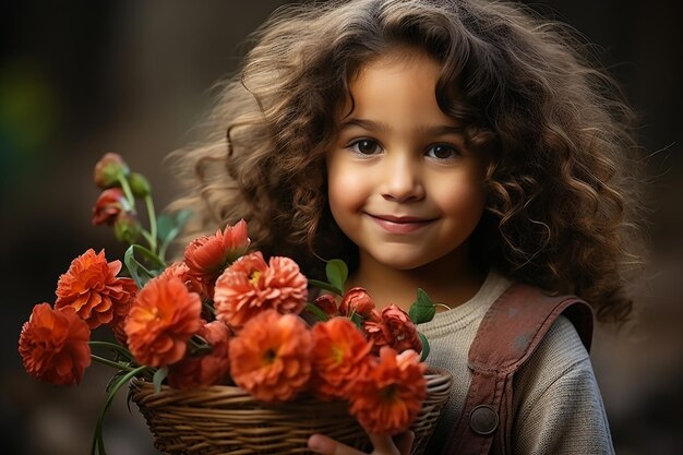 Un'affascinante ragazzina afroamericana con bellissimi fiori rossi di primavera.