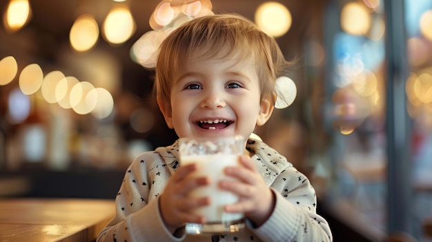 Un affascinante ragazzino con un grande sorriso che tiene in mano un bicchiere di latte in un accogliente caffè