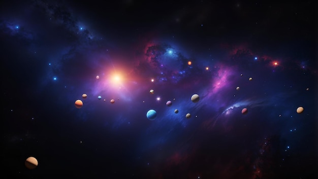 Un affascinante rendering 3D di uno sfondo del sistema solare avvolto da colorate nebulose dove Astral Bea