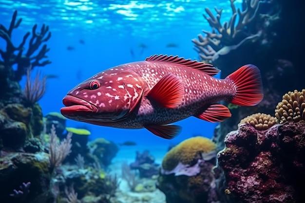 Un'affascinante ripresa di un pesce grouper che pattuglia il vivace paesaggio corallino foto realistica