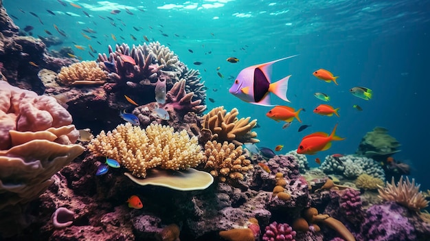 Un'affascinante ripresa subacquea di varie forme di vita marina, tra cui pesci colorati e barriere coralline