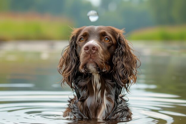 Un affascinante ritratto di un cane spaniel marrone bagnato in acqua con una singola goccia d'acqua sopra la testa