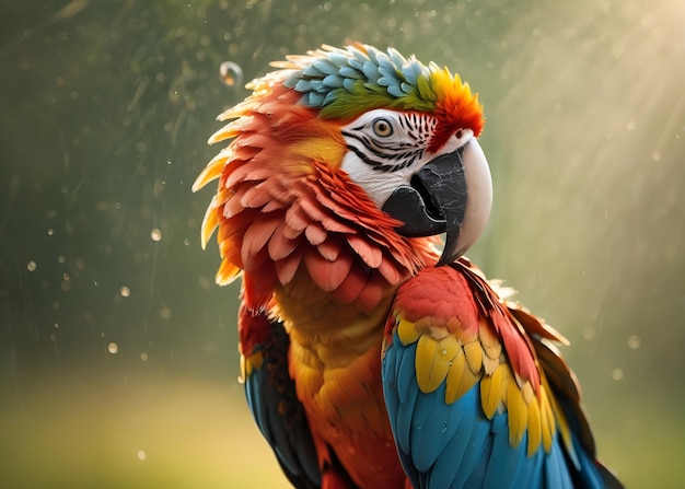 Un affascinante ritratto fotografico di un colorato uccello macao che mostra dettagli intricati sotto la pioggia