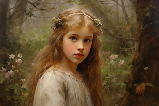 Un affascinante ritratto vittoriano di una bella ragazza in un bosco incantevole
