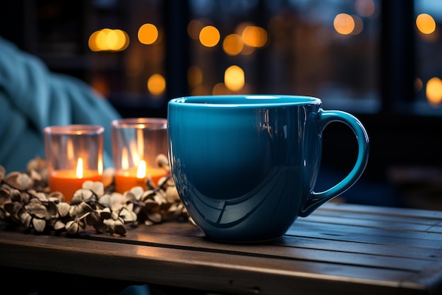 Un'affascinante tazza blu ideale per sorseggiare cioccolata calda davanti a un caminetto scoppiettante