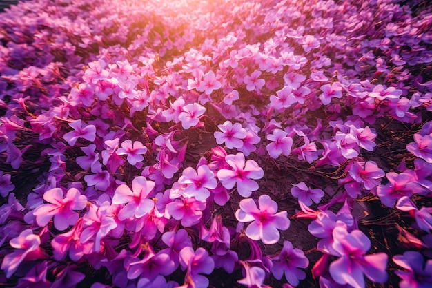 Un'affascinante veduta aerea di uno splendido tappeto di fiori rosa e viola