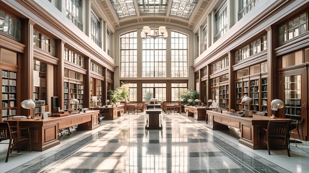 Un'affascinante vista pomeridiana di un atrio vuoto della biblioteca universitaria che evidenzia l'imponente architettura e i colori rilassanti