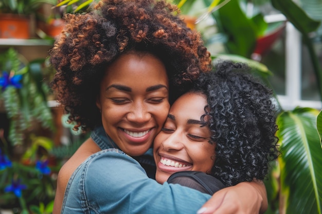 Un affettuoso abbraccio tra felici amici afroamericani all'aperto circondati dal verde