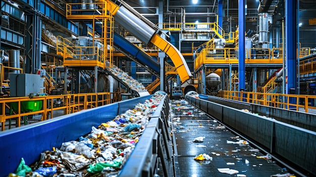 Un'affollata fabbrica di smaltimento dei rifiuti con molteplici macchine e macchinari